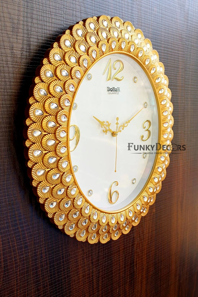 Funkytradition Royal Pearl Diamond Golden Wall Clock Watch Decor For Home Office And Gifts 47 Cm