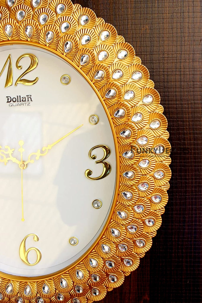 Funkytradition Royal Pearl Diamond Golden Wall Clock Watch Decor For Home Office And Gifts 47 Cm