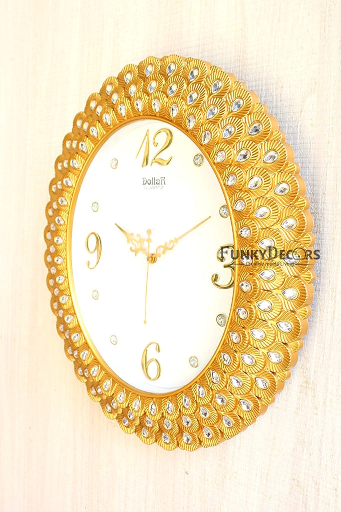 Funkytradition Royal Pearl Diamond Golden Wall Clock Watch Decor For Home Office And Gifts 47 Cm