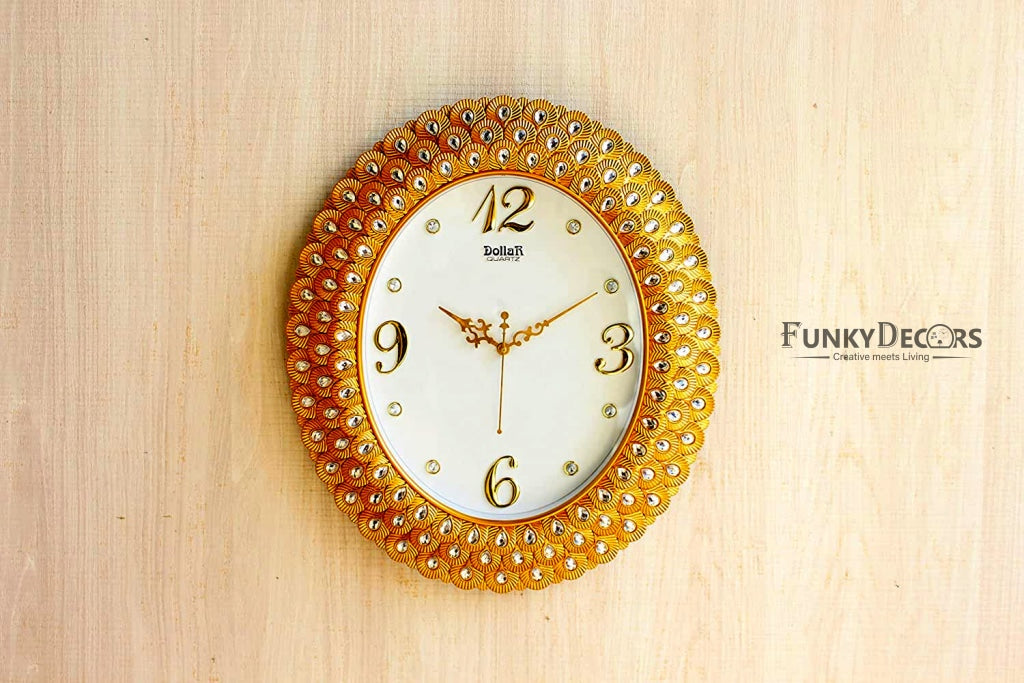 Funkytradition Royal Pearl Diamond Golden Wall Clock Watch Decor For Home Office And Gifts 47 Cm