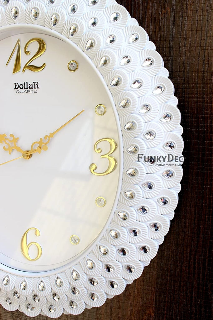 Funkytradition Royal Pearl Diamond White Wall Clock Watch Decor For Home Office And Gifts 47 Cm Tall