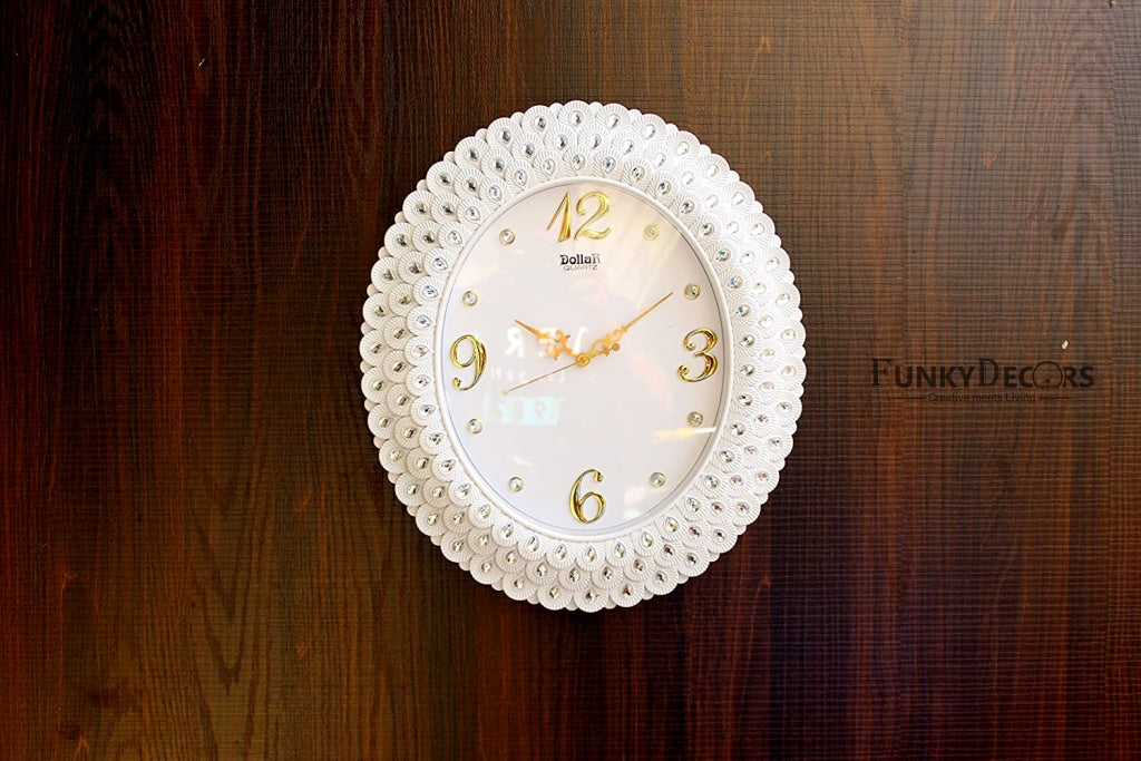Funkytradition Royal Pearl Diamond White Wall Clock Watch Decor For Home Office And Gifts 47 Cm Tall