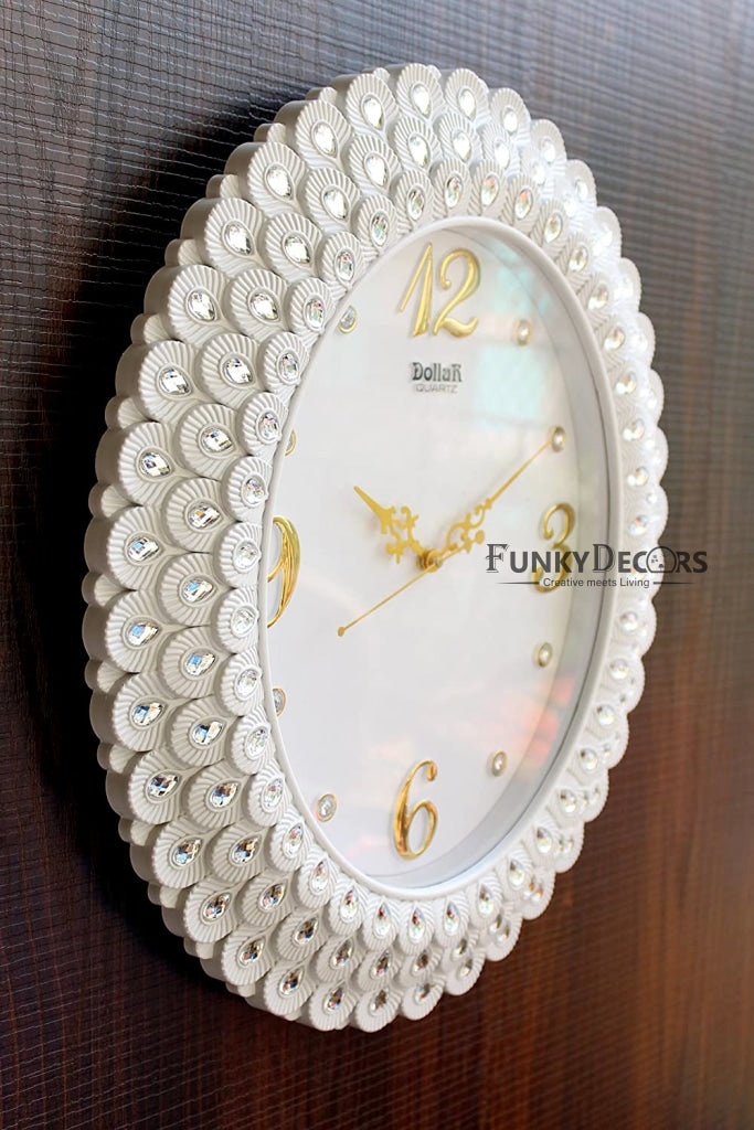 Funkytradition Royal Pearl Diamond White Wall Clock Watch Decor For Home Office And Gifts 47 Cm Tall