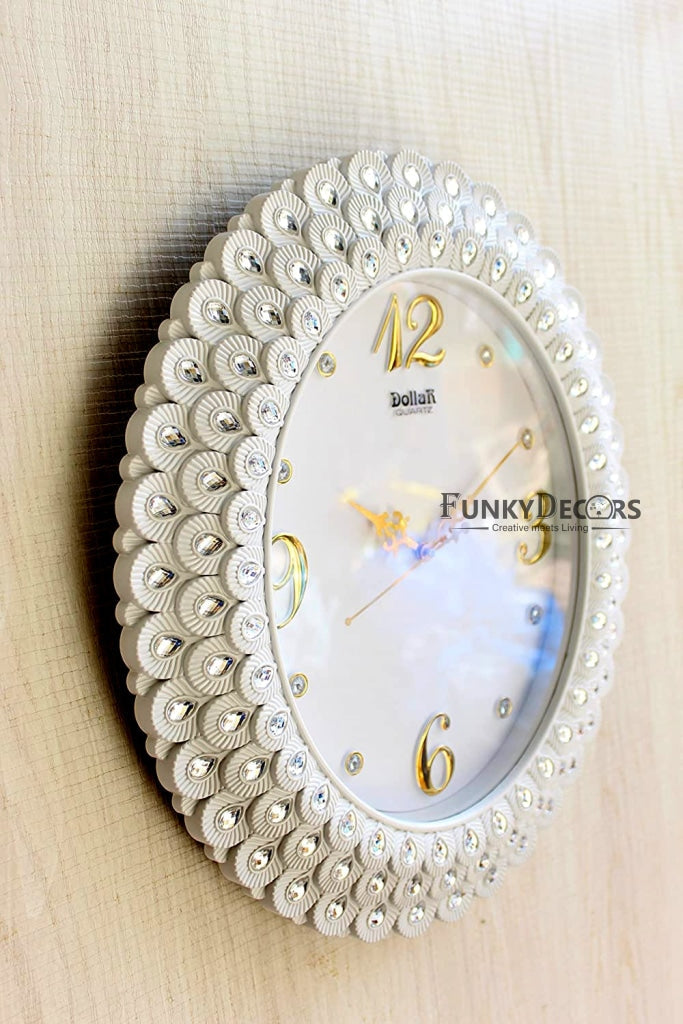 Funkytradition Royal Pearl Diamond White Wall Clock Watch Decor For Home Office And Gifts 47 Cm Tall