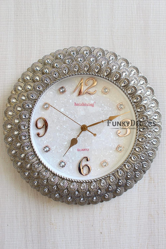 Funkytradition Royal Pearl Silver Grey Wall Clock Watch Decor For Home Office And Gifts 43 Cm Tall