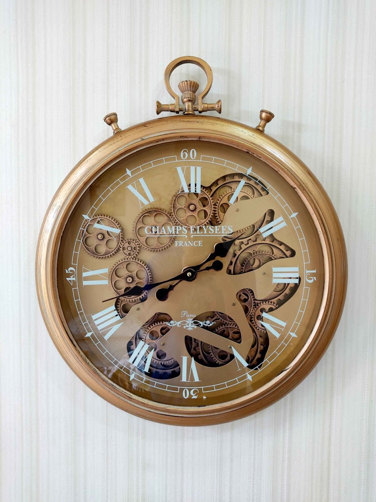 Funkytradition Royal Retro Style Metal Wall Clock With Glass Frame And Moving Gear Chronograph