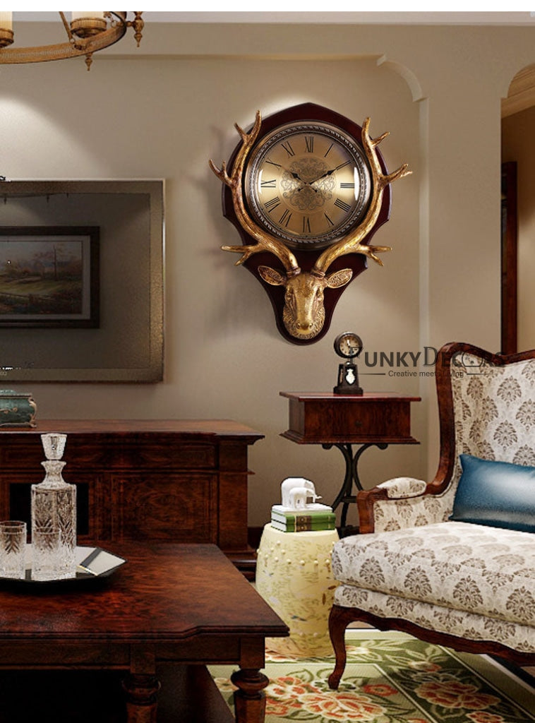 Funkytradition Royal Rose Gold Reindeer Wall Clock For Home Office Decor And Gifts 72 Cm Tall Clocks