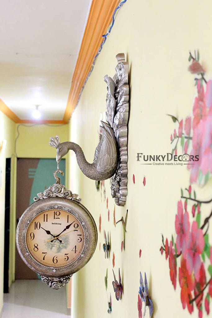 Funkytradition Royal Silver Dual Hanging Peacock Wall Clock| Watch | Clock For Home Office Decor And