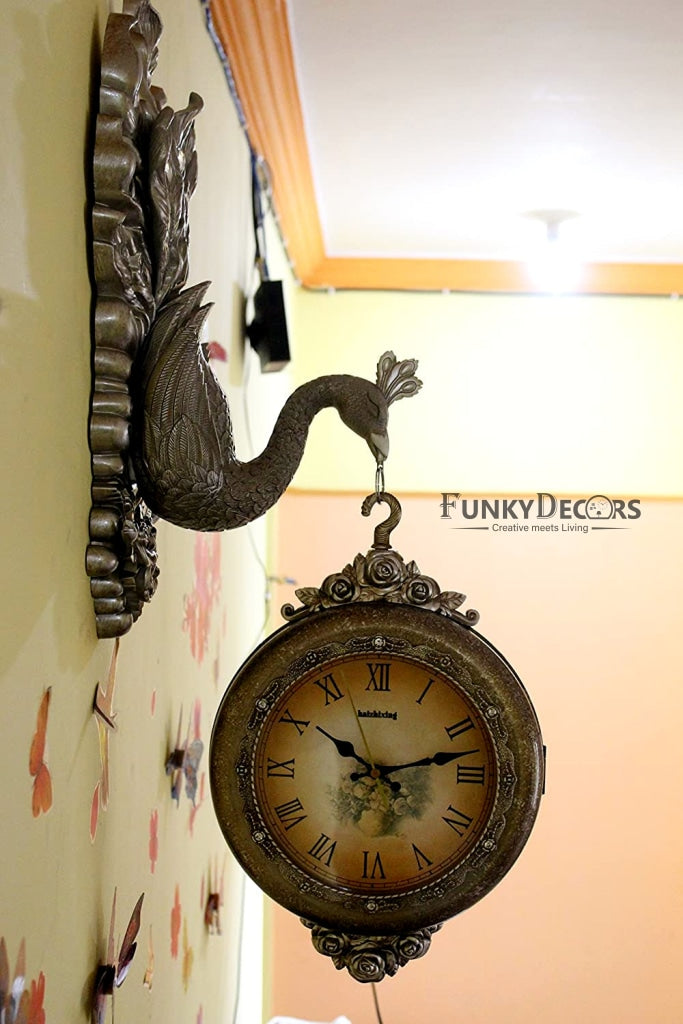 Funkytradition Royal Silver Dual Hanging Peacock Wall Clock| Watch | Clock For Home Office Decor And