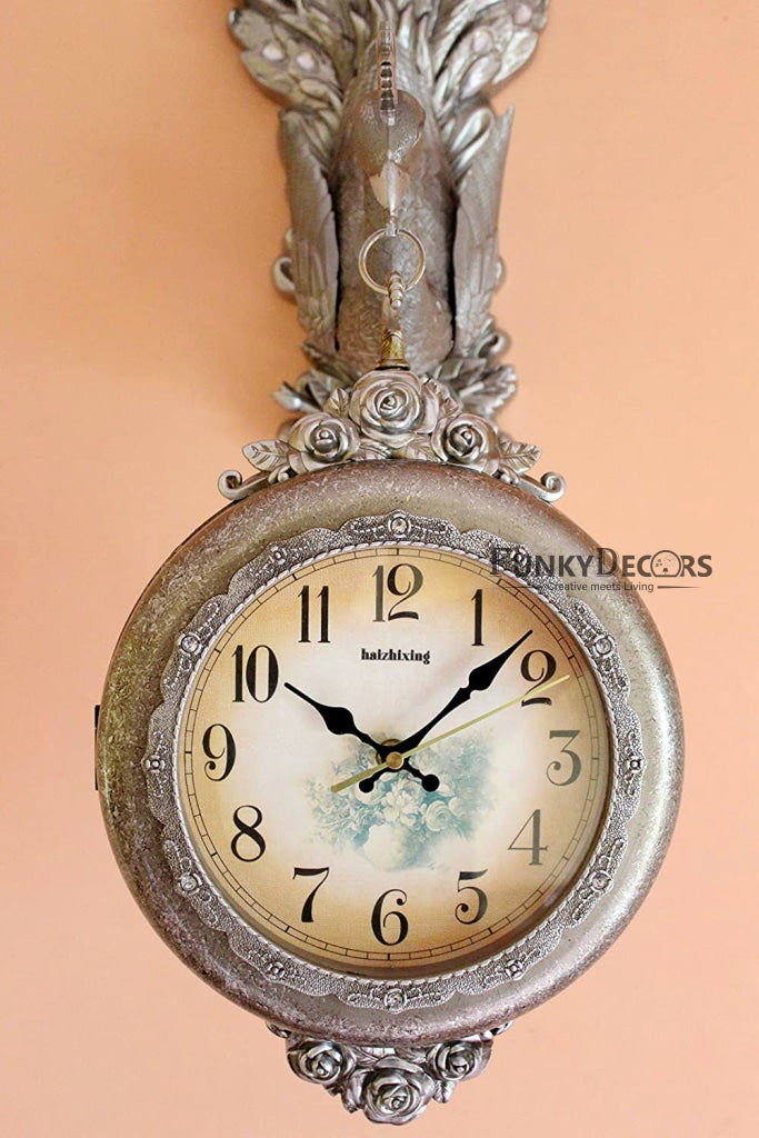 Funkytradition Royal Silver Dual Hanging Peacock Wall Clock| Watch | Clock For Home Office Decor And