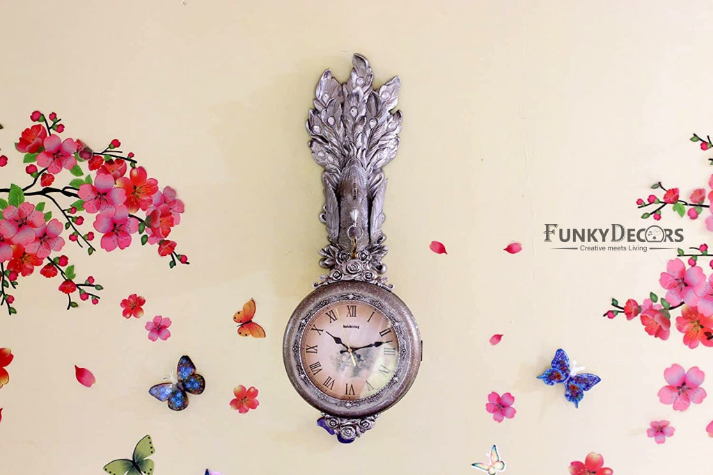 Funkytradition Royal Silver Dual Hanging Peacock Wall Clock| Watch | Clock For Home Office Decor And