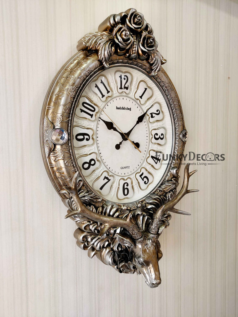 Funkytradition Royal Silver Reindeer Wall Clock For Home Office Decor And Gifts 72 Cm Tall Clocks
