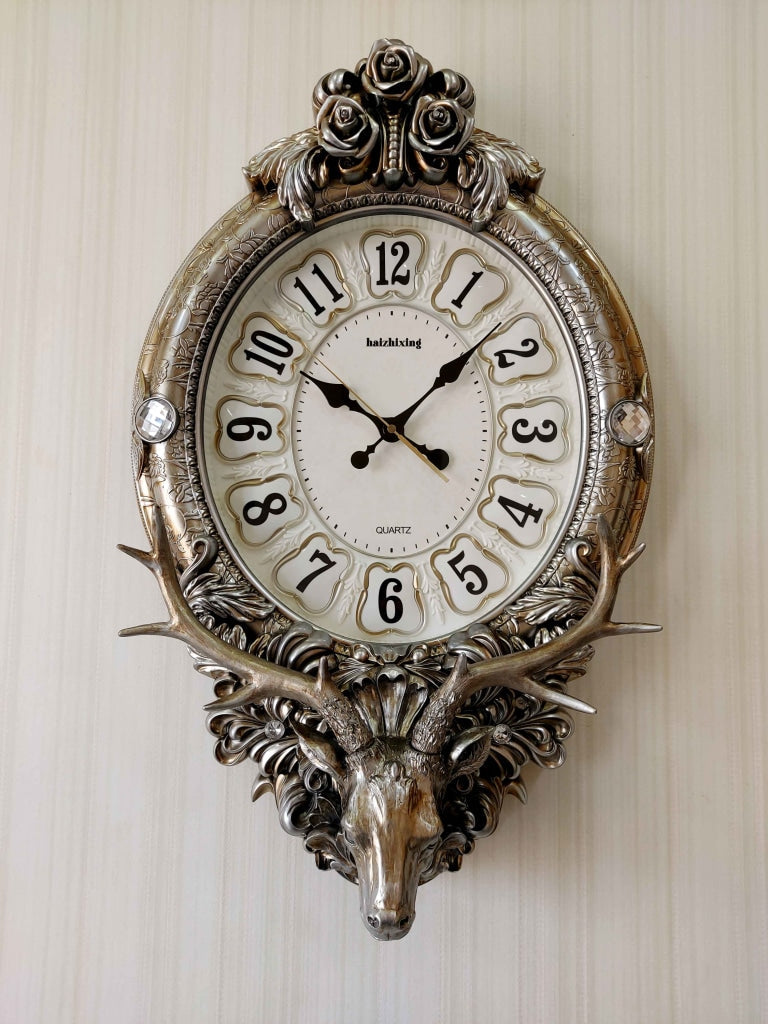 Funkytradition Royal Silver Reindeer Wall Clock For Home Office Decor And Gifts 72 Cm Tall Clocks