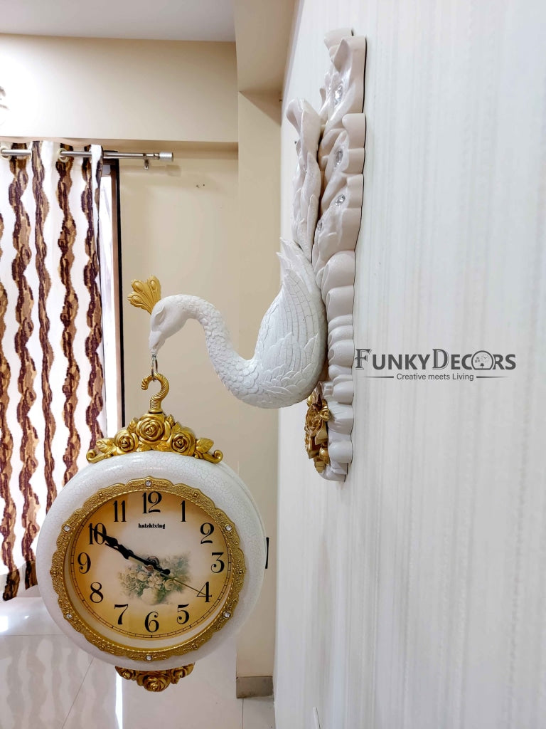 Funkytradition Royal White Dual Hanging Peacock Wall Clock For Home Office Decor And Gifts 75 Cm