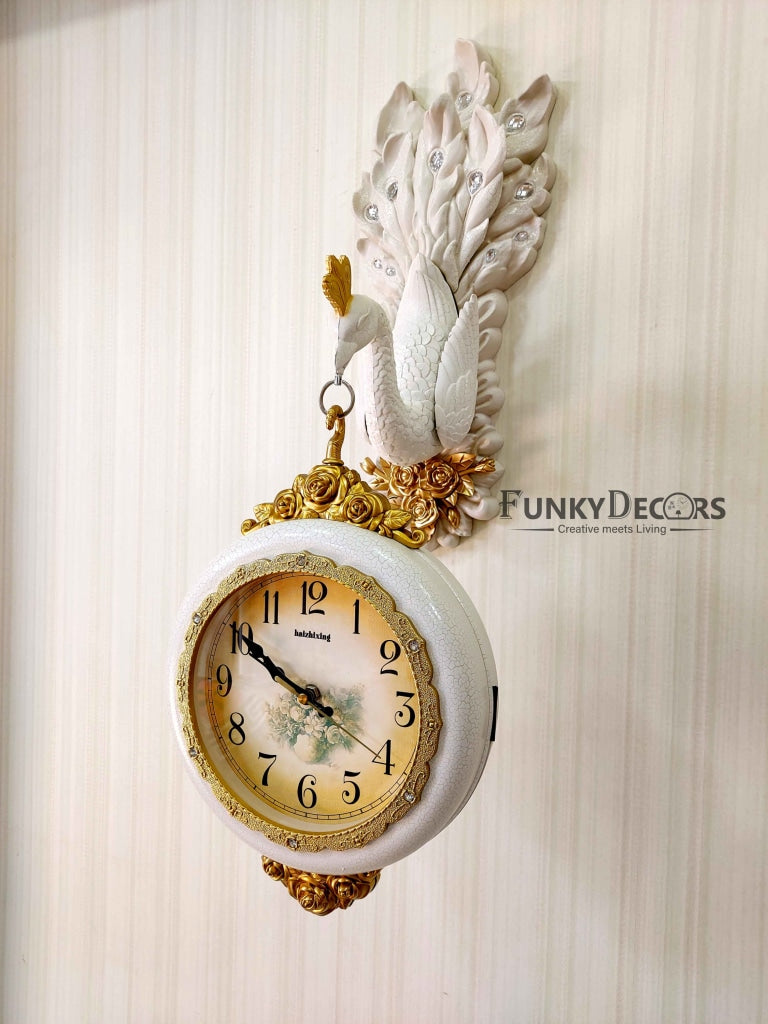 Funkytradition Royal White Dual Hanging Peacock Wall Clock For Home Office Decor And Gifts 75 Cm