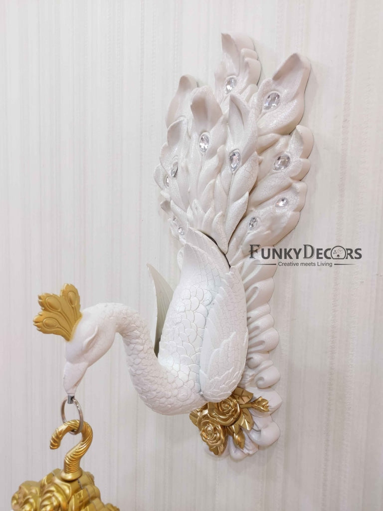 Funkytradition Royal White Dual Hanging Peacock Wall Clock For Home Office Decor And Gifts 75 Cm