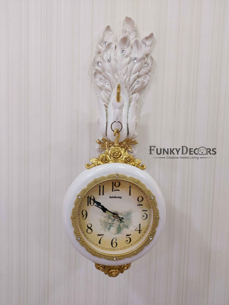 Funkytradition Royal White Dual Hanging Peacock Wall Clock For Home Office Decor And Gifts 75 Cm