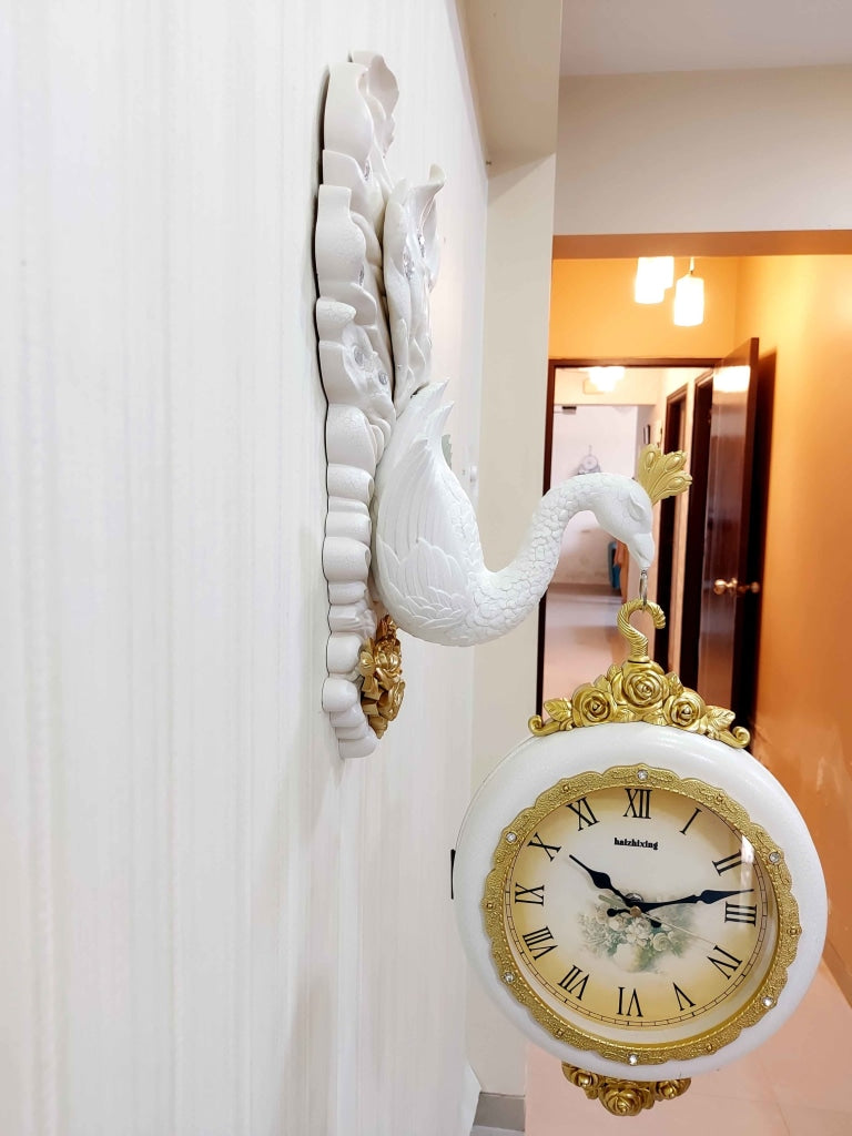 Funkytradition Royal White Dual Hanging Peacock Wall Clock For Home Office Decor And Gifts 75 Cm