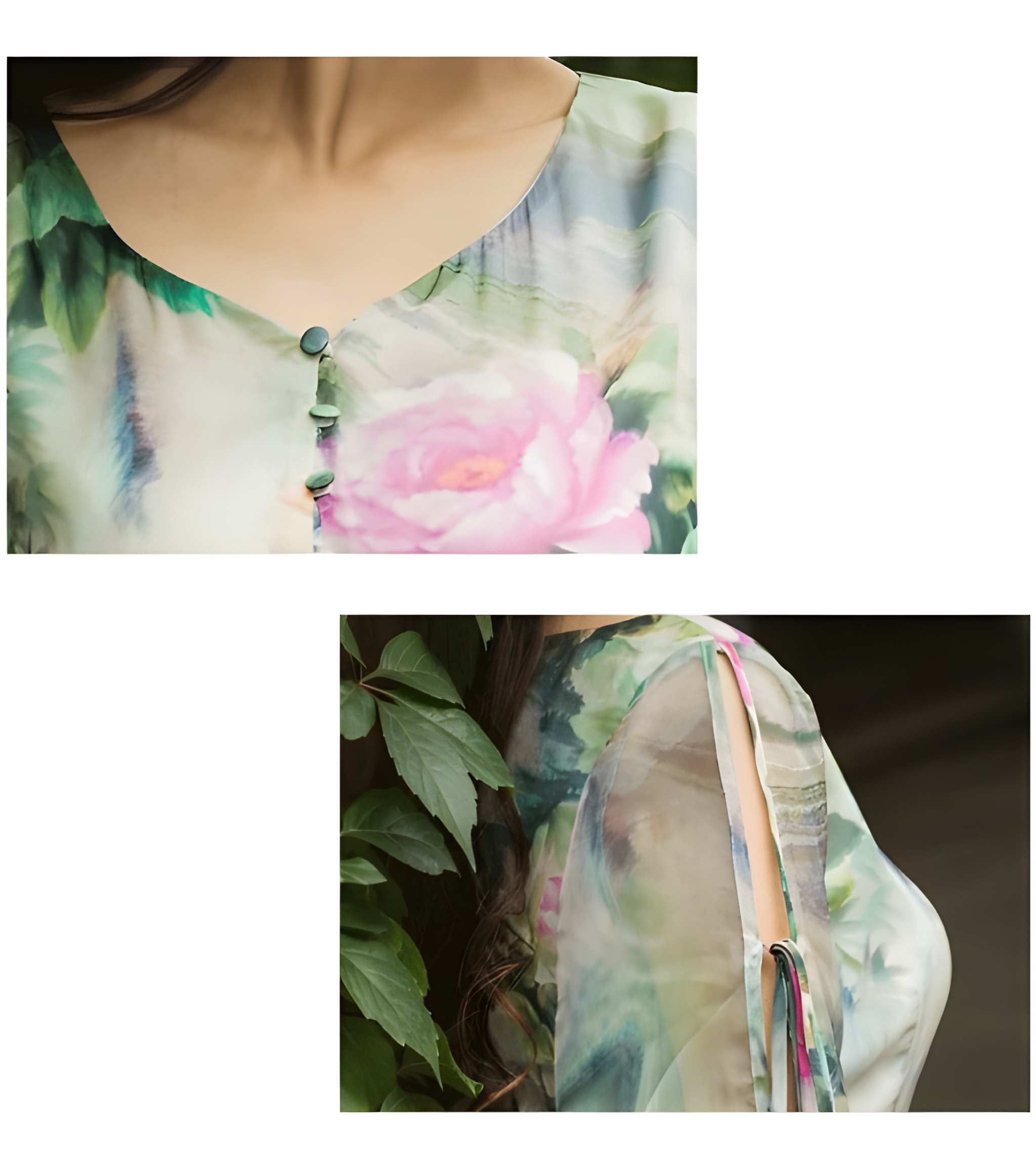 A two-panel close-up of a woman wearing a sheer, lightweight blouse with a watercolor-style floral print. The top panel shows the neckline with green buttons over a white base, and the bottom panel shows the side drape of the sheer fabric with colorful ribbon ties against dark green leaves.