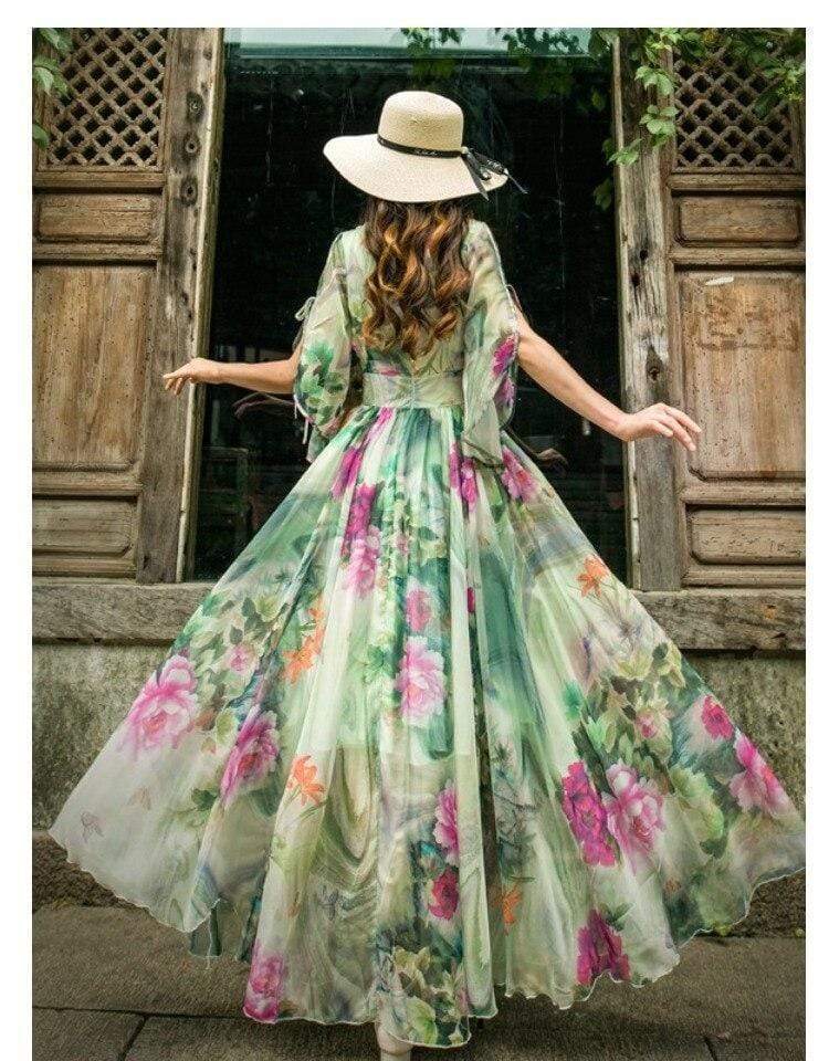 FunkyTradition Trendy Short Sleeve Floral Printed Faux Georgette Maxi FunkyTradition Trendy Short Sleeve Floral Printed Faux Georgette Maxi