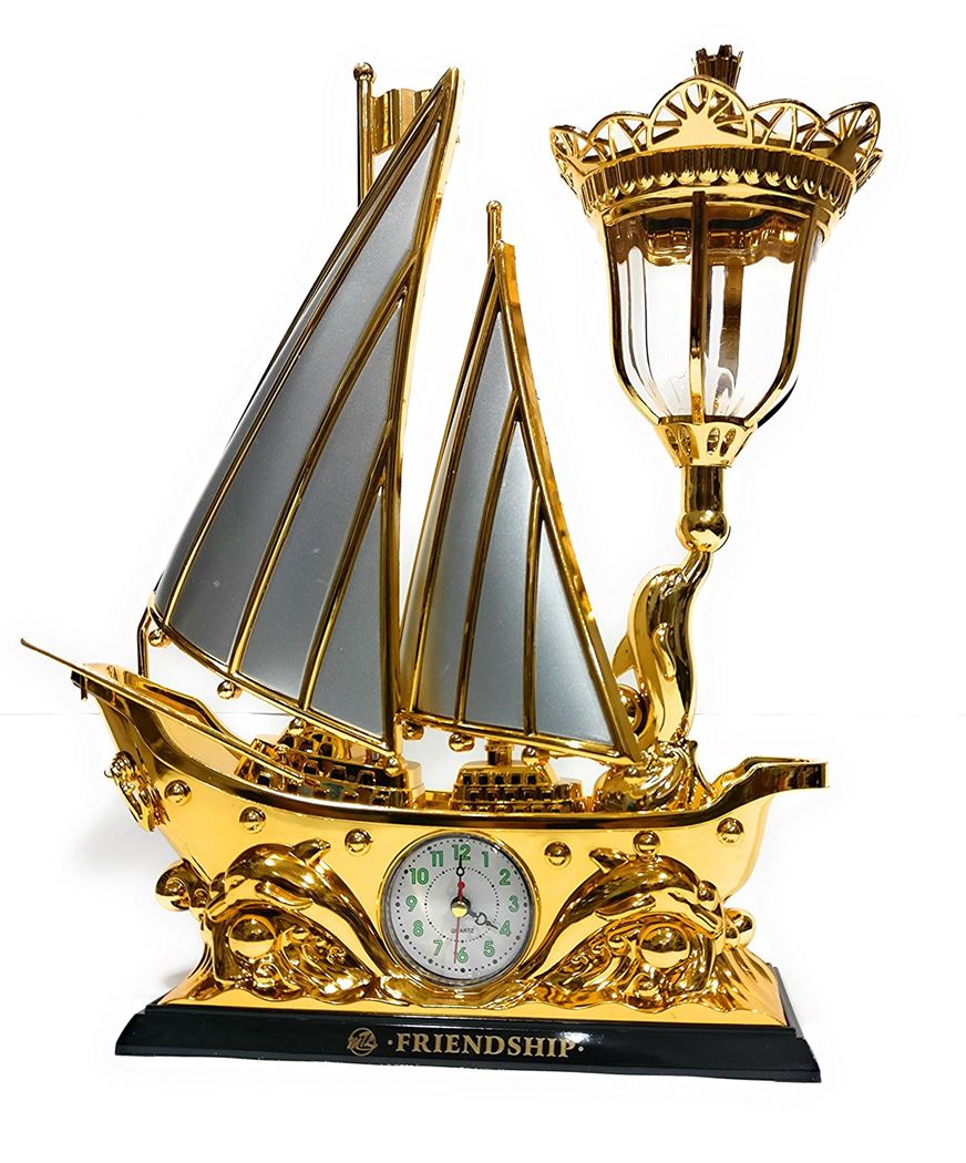 FunkyTradition White Golden Flag Vintage Pirates Ship Table Lamp with Alarm Clock for Christmas, Anniversary, Birthday Gift, Home and Office Decor - FunkyTradition
