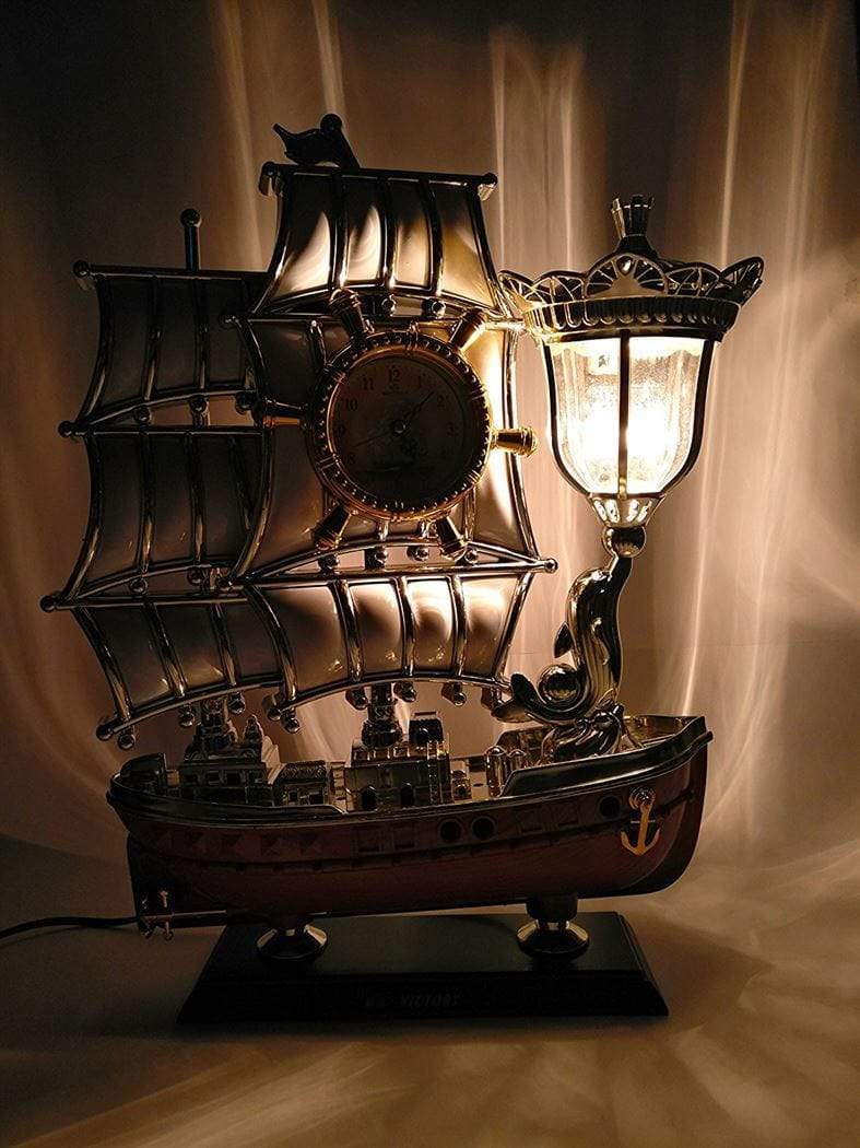 FunkyTradition White Metallic Gold Vintage Pirates Ship Table Lamp with Alarm Clock for Christmas, Anniversary, Birthday Gift, Home and Office Decor - FunkyTradition