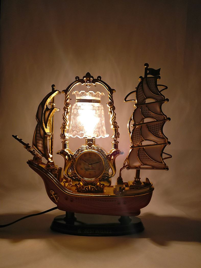 FunkyTradition Yellow Golden Dragon Vintage Pirates Ship Table Lamp with Alarm Clock for Christmas, Anniversary, Birthday Gift, Home and Office Decor - FunkyTradition