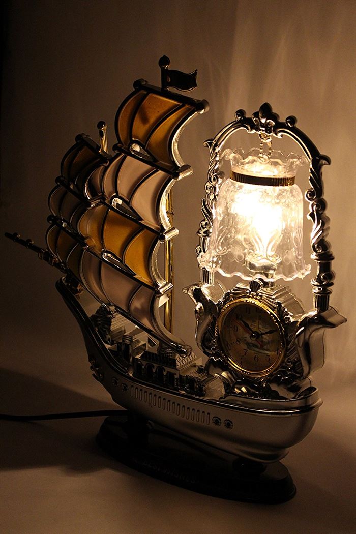 FunkyTradition Yellow Golden Vintage Pirates Ship Table Lamp with Alarm Clock for Christmas, Anniversary, Birthday Gift, Home and Office Decor - FunkyTradition