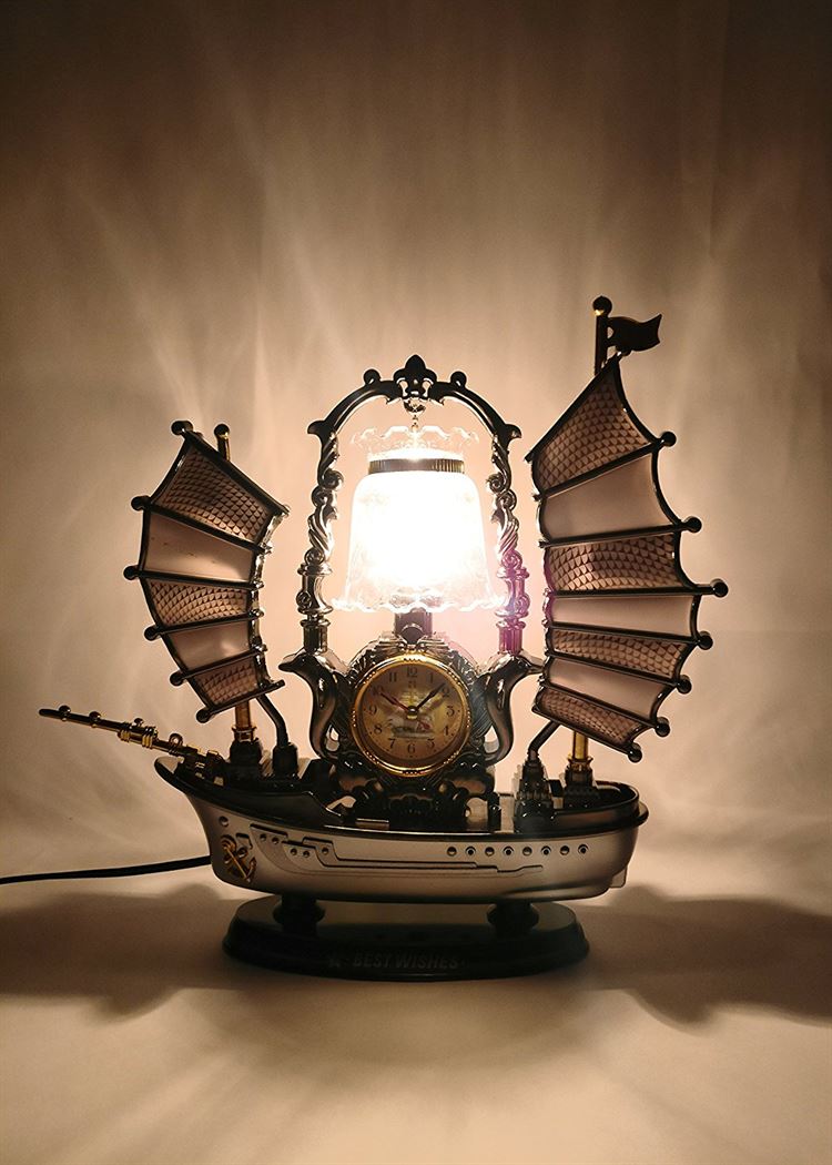 FunkyTradition Yellow Mettalic Dragon Sailboat Vintage Pirates Ship Table Lamp with Alarm Clock for Christmas, Anniversary, Birthday Gift, Home and Office Decor - FunkyTradition