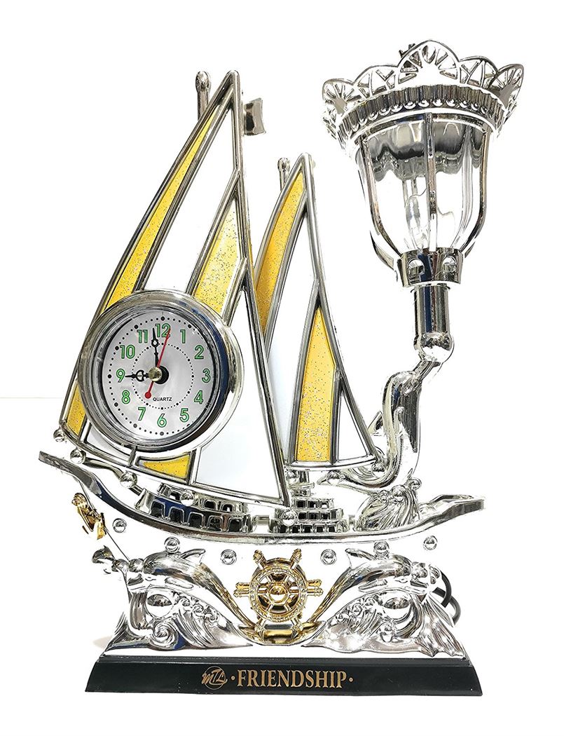 FunkyTradition Yellow Silver Flag Vintage Pirates Ship Table Lamp with Alarm Clock for Christmas, Anniversary, Birthday Gift, Home and Office Decor - FunkyTradition