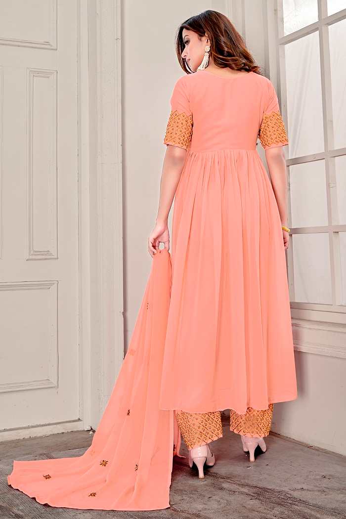 Indo Western Peach Embroidered Front Cut Anarkali Gown With Palazzo and Dupatta - Adiba Fashion