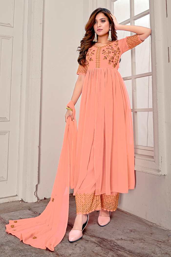 Indo Western Peach Embroidered Front Cut Anarkali Gown With Palazzo and Dupatta - Adiba Fashion