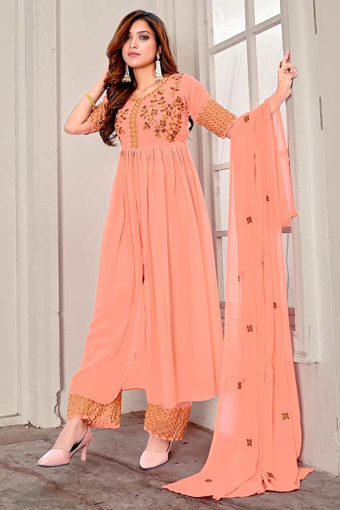 Indo Western Peach Embroidered Front Cut Anarkali Gown With Palazzo and Dupatta - Adiba Fashion