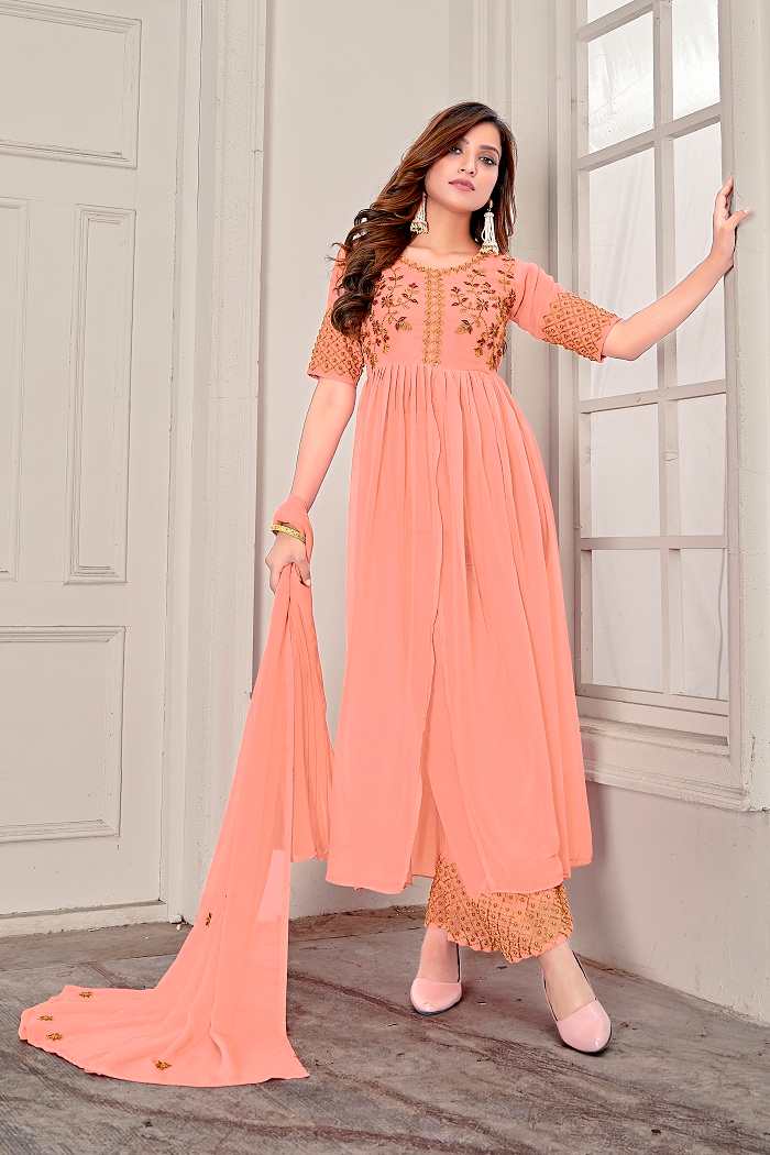 Indo Western Peach Embroidered Front Cut Anarkali Gown With Palazzo and Dupatta - Adiba Fashion