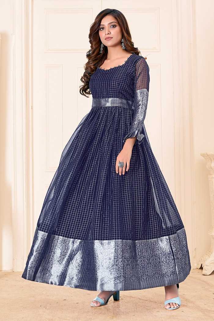 Women Navy Blue Colored Party Wear Woven Pure Organza Gown- Adiba Fashion