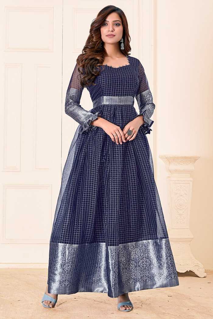 Women Navy Blue Colored Party Wear Woven Pure Organza Gown- Adiba Fashion