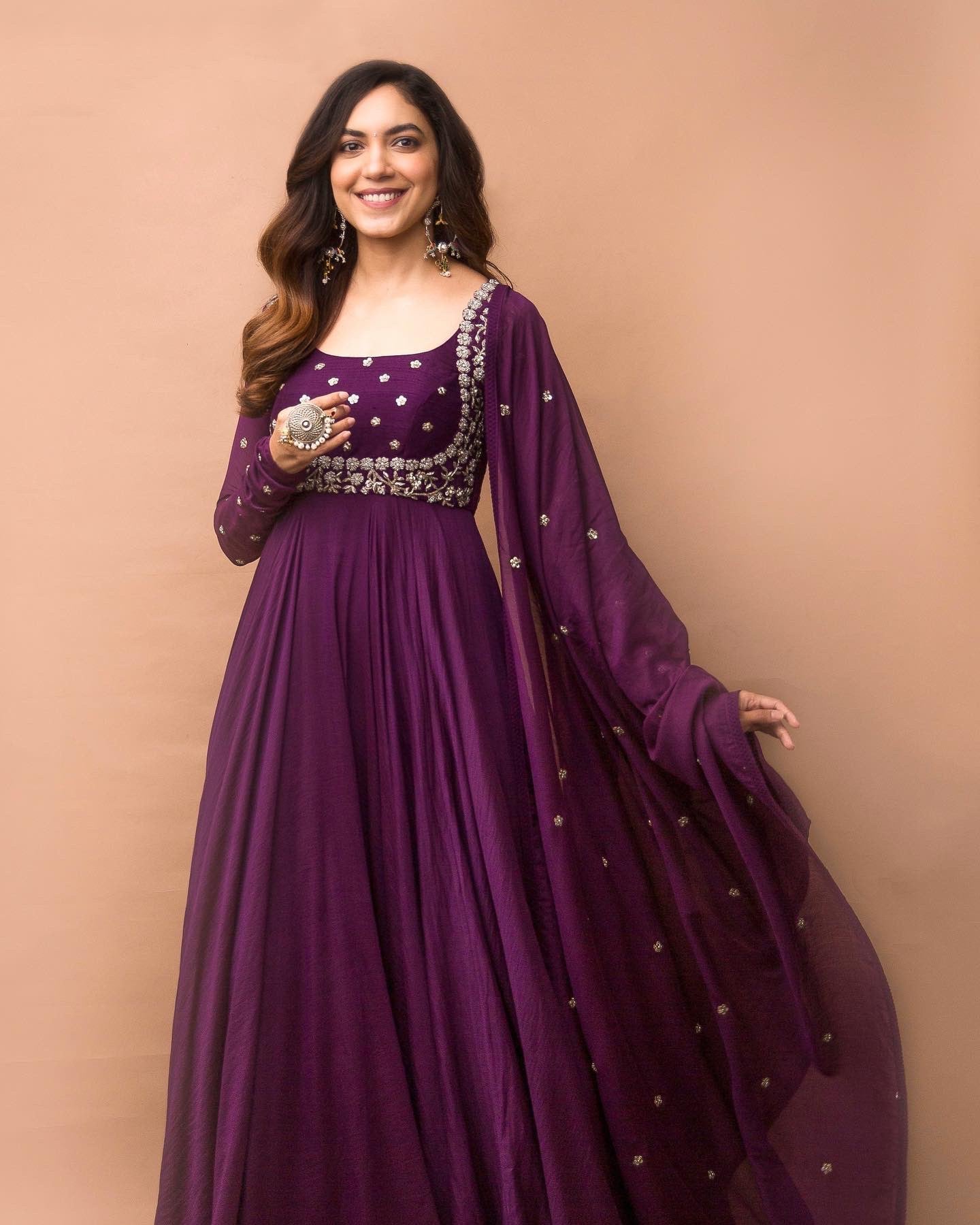 Beautiful Purple Colored Partywear Embroidered Work Stitched Georgette Floor Touch Gown with Dupatta-FunkyTradition