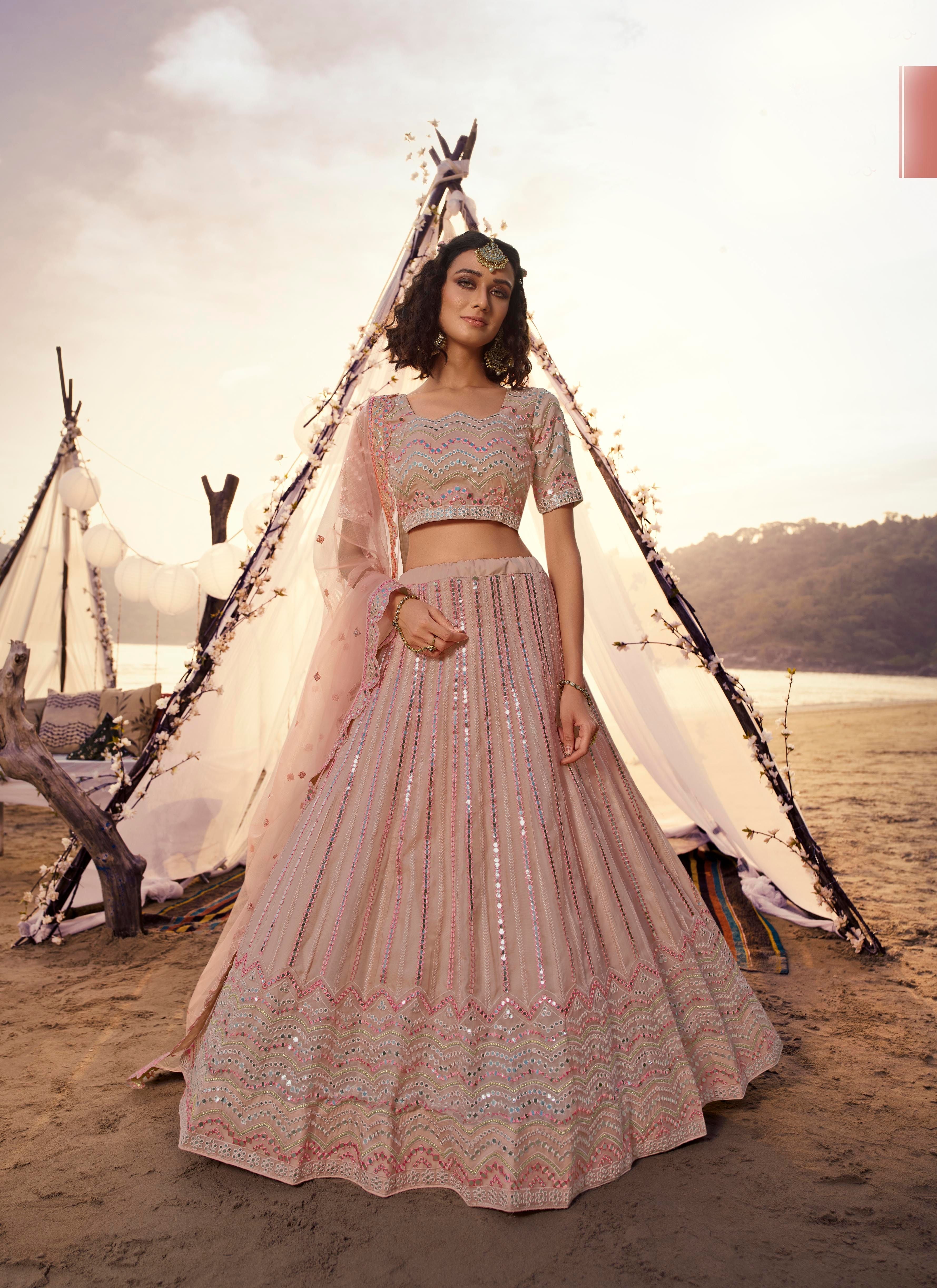 Pink Color Mirror Work Heavy Embroidered Organza Semi-Stitched Lehenga Choli - FunkyTradition