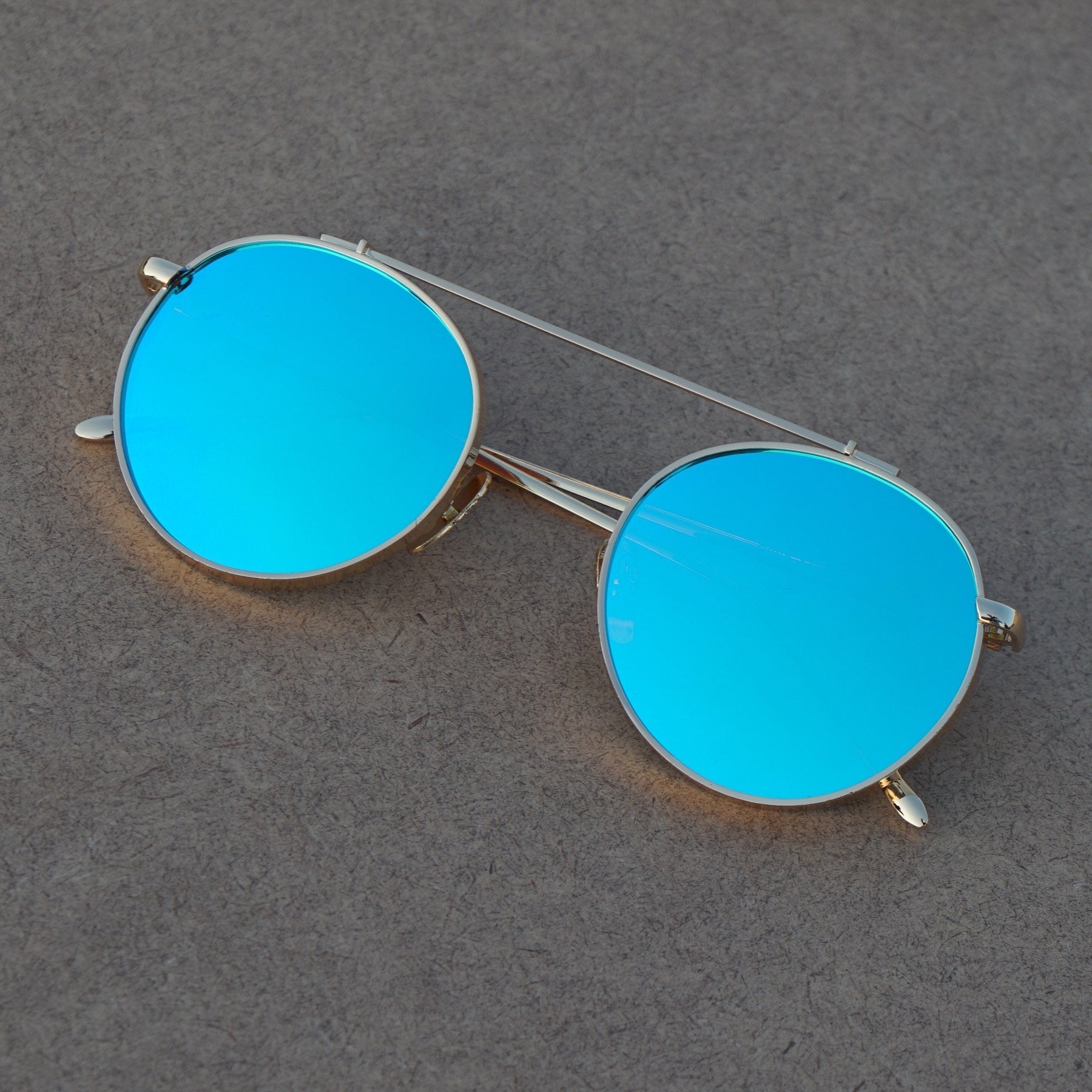 Round Aqua Blue And Gold Sunglasses For Men And Women-FunkyTradition