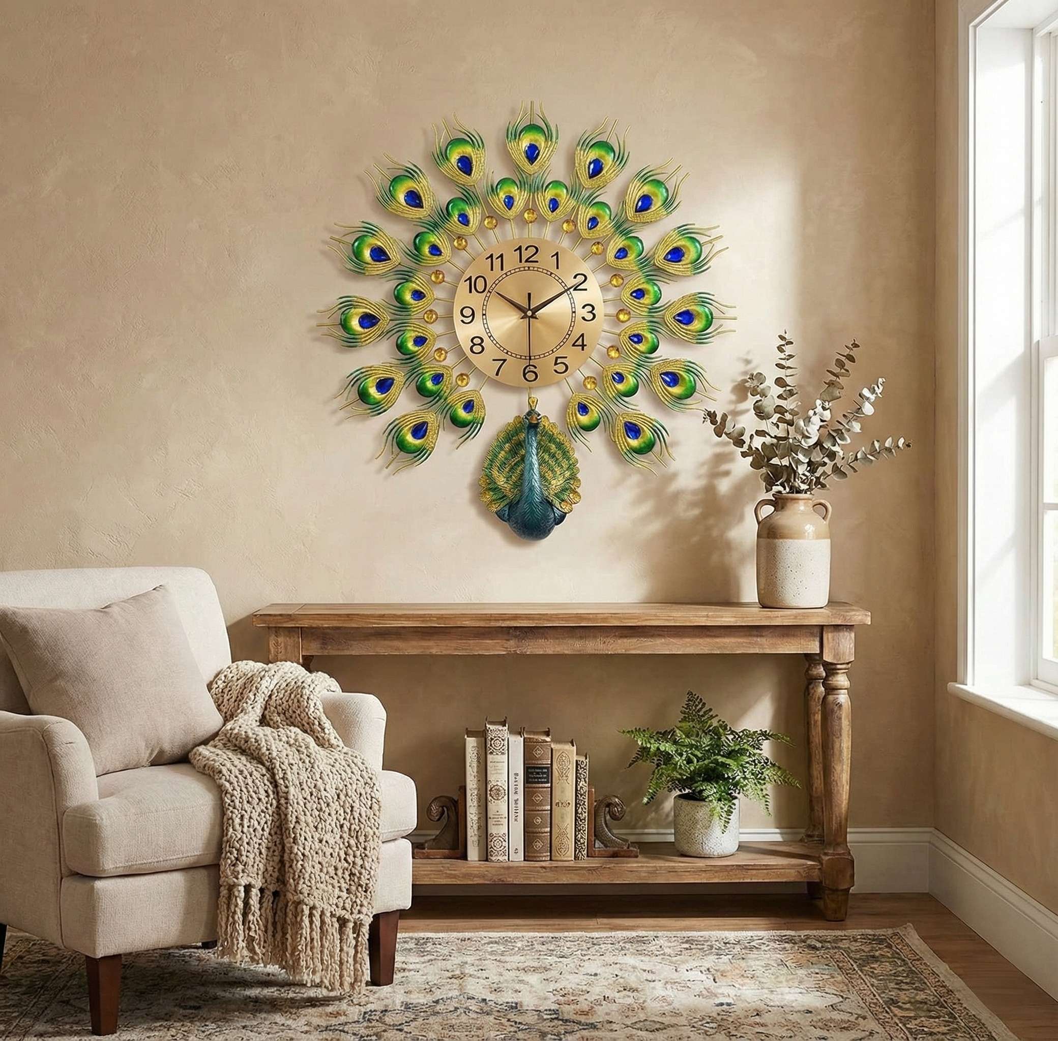 FunkyTradition Royal Peacock Metal Wall Clock - 3D Luxury Wall Art & Home Decor (55x55 cm)