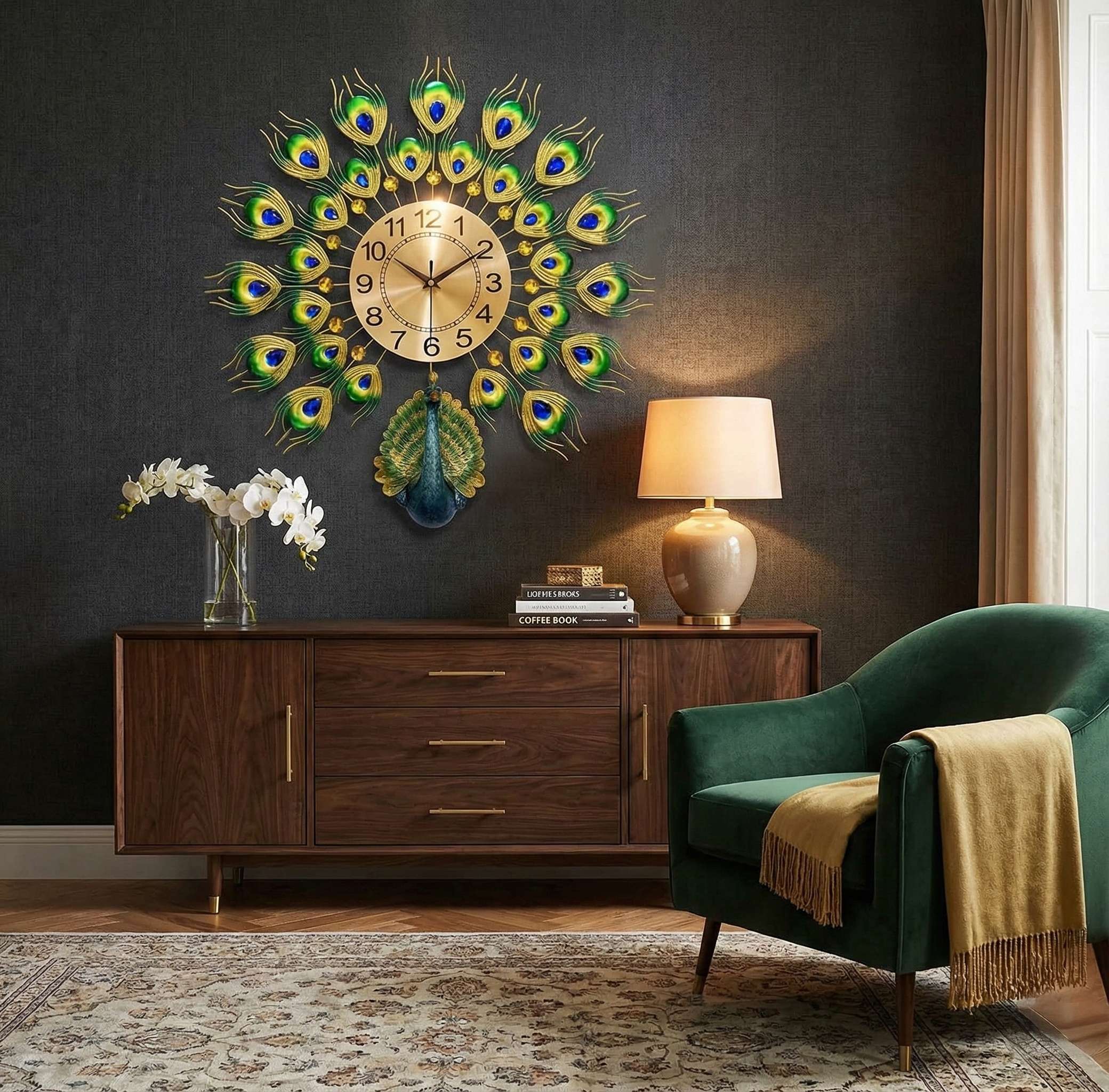 FunkyTradition Royal Peacock Metal Wall Clock - 3D Luxury Wall Art & Home Decor (55x55 cm)