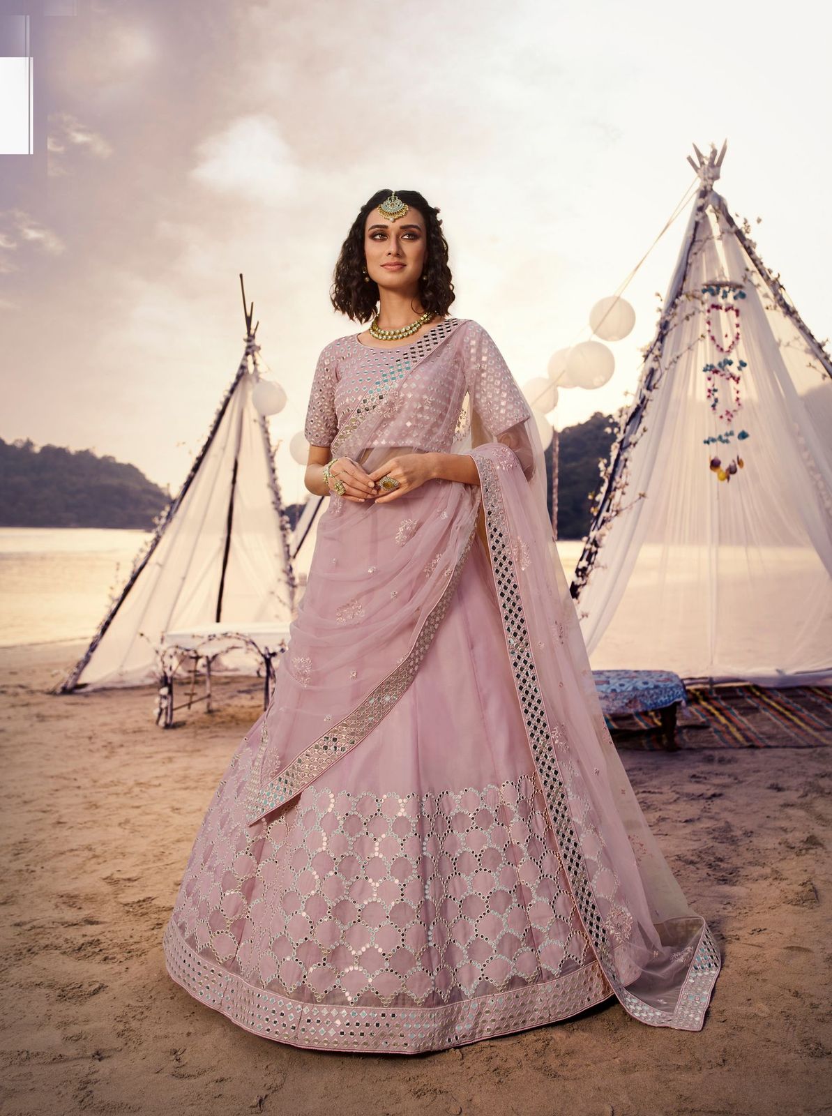 Light Pink Color Mirror Work Embroidered Organza Semi-Stitched Lehenga Choli - FunkyTradition