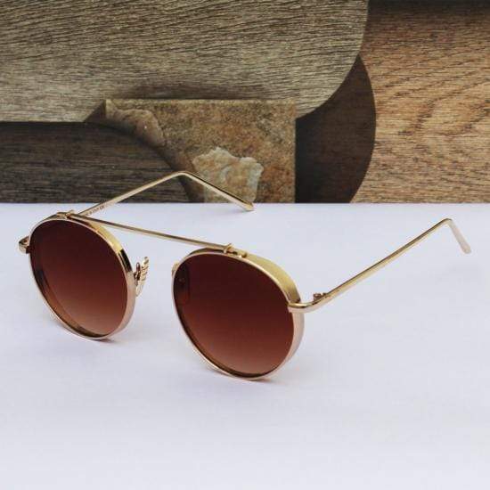 Mafia Round Cap Golden Frame Brown Glass Aviator Sunglasses-FunkyTradition Premium FunkyTradition