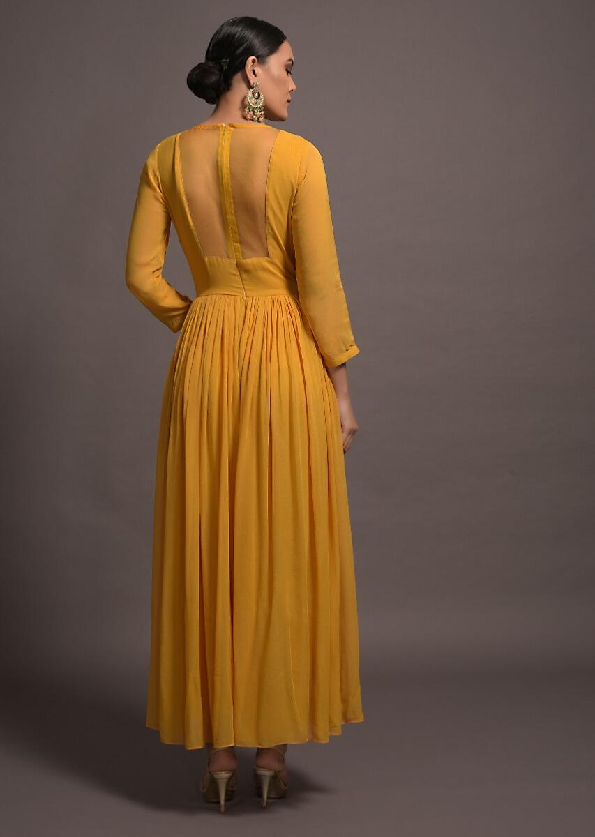 Graceful Yellow Embroidered Georgette Trendy Gown-FunkyTradition