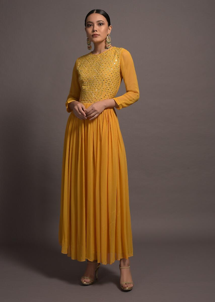 Graceful Yellow Embroidered Georgette Trendy Gown-FunkyTradition