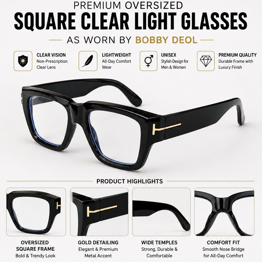  premium oversized square clear light glasses, featuring a large 3D rendering of the black and gold-framed glasses at the top, product feature icons and text, a product highlights section with labeled close-ups of the frame, dimensions, and usage icons at the bottom.