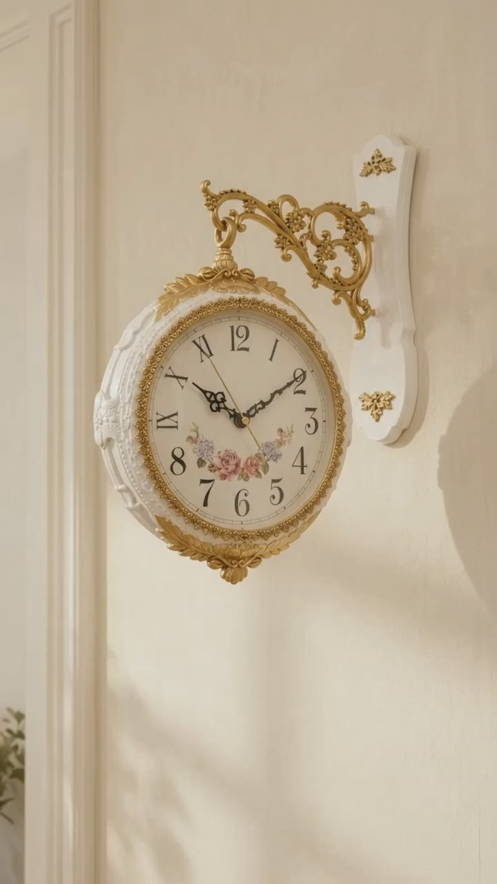 Royal Antique Double-Sided Wall Clock – White & Antique Gold | Arabic & Roman Numeral Decorative Clock