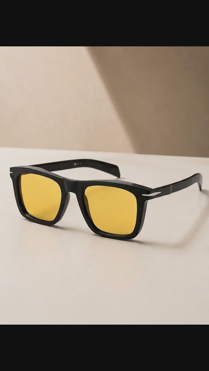 David Beckham Style Inspired Men's Black Square Sunglasses with Yellow Amber Lenses