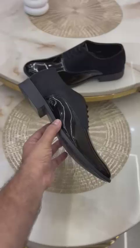 Close-up of Black Oxford Shoes – Lace-Up Oxford Style with Suede and Patent Leather