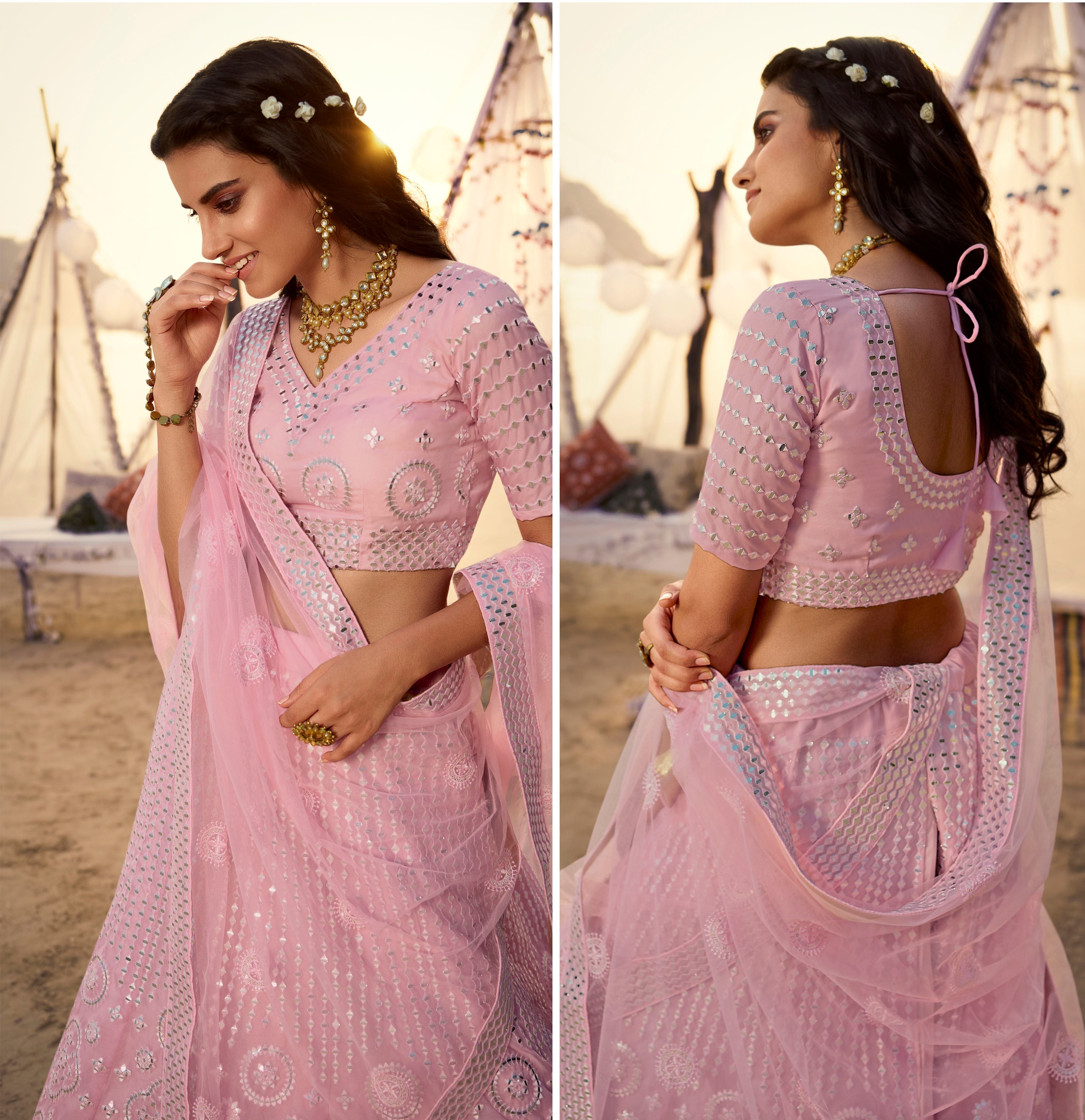 Light Pink Color Mirror Work Heavy Embroidered Organza Semi-Stitched Lehenga Choli - FunkyTradition